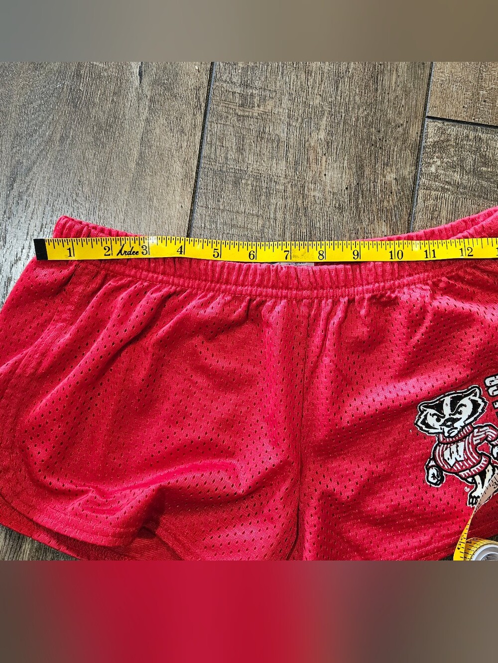 Women's Red Mesh Athletic Shorts with Bucky Badger Wisconsin Graphic - Picture 6 of 9